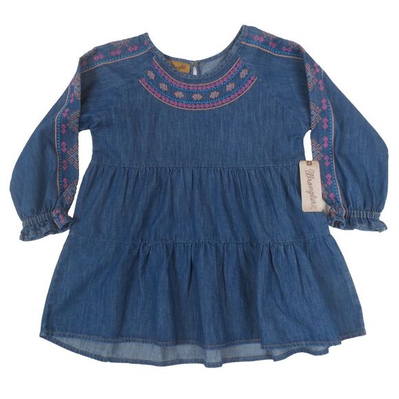 NEW Wrangler Tunic Top Youth Girls L Blue Long Sleeve Tiered Embroidered‎ Denim - Picture 1 of 10